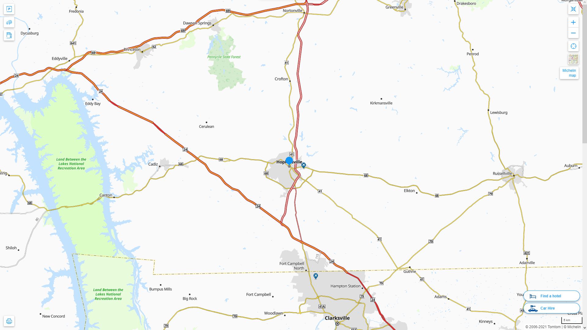 Hopkinsville Kentucky Highway and Road Map